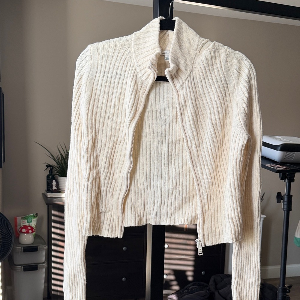Cream Ribbed Zip-Up Sweater